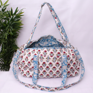 Sac de voyage pliable léger et écologique en coton matelassé à motifs floraux, style IndianVogues, blanc, imprimé à la main, sac de week-end - Product Image 1
