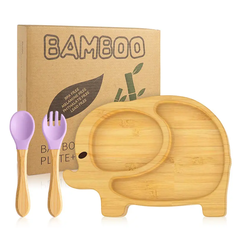 Carino nuvola elefante a forma di granchio per bambini stoviglie per bambini BPA gratis cibo in bambù naturale piatti con cucchiaio Folk BL010301