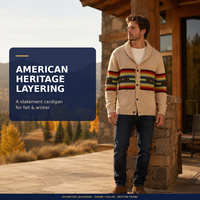 Suéter Cárdigan con Cuello Chal para Hombre, 100% Poliéster, Jacquard Geométrico a Rayas, Botones al Frente, Ropa de Punto de Invierno, Venta al Por Mayor