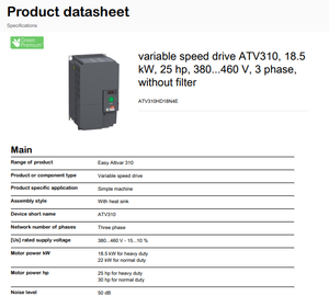 Variador de Frecuencia Variable (VFD) ATV310HD18N4E de 18.5KW, 39A, 3 Fases, DC/AC, AC380-460V, Control IP65, Puerto Ethernet, Original - Product Image 5