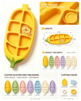 Assiette d'alimentation pour bébé en silicone personnalisée en forme de maïs, de qualité alimentaire, avec ventouse, compartimentée, pour enfants, vaisselle pour tout-petits, OEM ODM