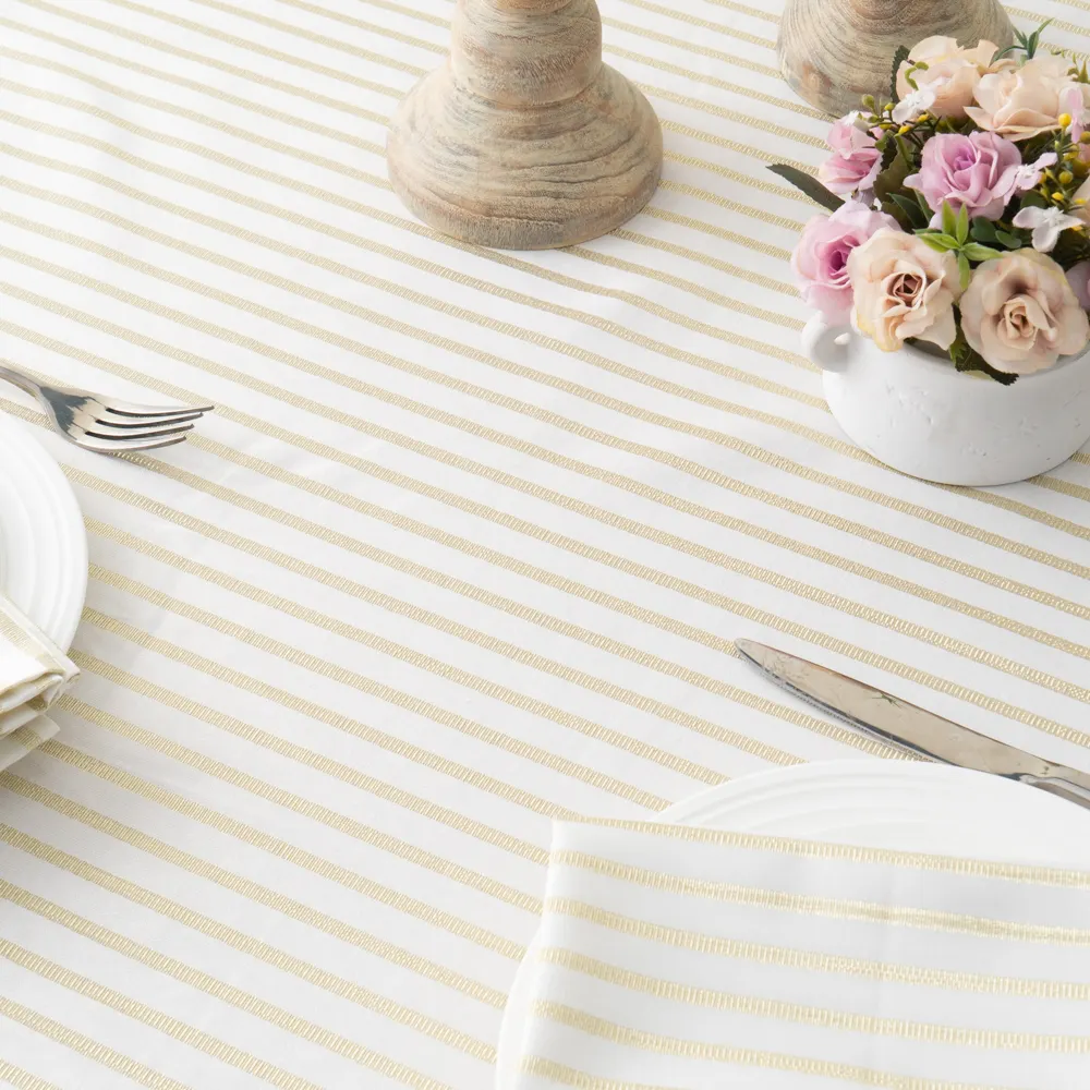 Stain-resistant Deluxe 100% Cotton Rectangle Embroidery Round Scallop Striped Tablecloth Table Cloth For Wedding Event Hotel