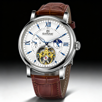 44mm Römische Ziffern Skelett Mondphase Automatische Mechanische Uhr Herren Lederarmband Leuchtend 3ATM Wasserdicht Business Armbanduhr