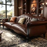 Klassisches Amerikanisches Vintage-Sofa-Set aus Gestepptem Leder mit Massivholz-Geschnitztem Rahmen für Villa-Wohnzimmer Hochwertige Wohnmöbel