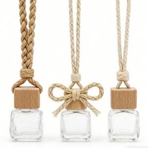 Wholesale High Quality Square Empty Air Freshener <b>Glass</b> <b>Bottle</b> Hanging Car Perfume <b>Bottle</b> <b>With</b> Wooden <b>Lid</b> - Product Image 1