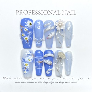 Nuevo Producto Lanzado - Diseño de Pintura con Tinta Azul <span class=keywords><strong>y</strong></span> Blanca, Estilo Lluvia de Niebla de Jiangnan, <span class=keywords><strong>Uñas</strong></span> Hechas a Mano de Estilo Chino Moderno - Product Image 1