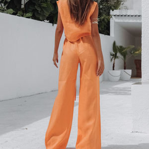 Pigiama da letto arancione QINSI due pezzi set Casual senza maniche O collo biancheria da notte in cotone 2025 pigiama ampio - Product Image 3