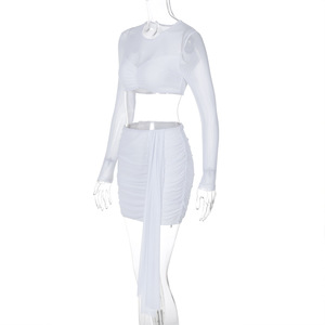 Cổ 3 màu sắc Sheer lưới chèn dài tay áo sơ mi hàng đầu và váy thiết lập của phụ nữ hai mảnh đặt buổi tối quần áo giản dị - Product Image 6