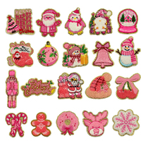 Patch brodé en chenille avec bordure pailletée rose mignon, motif Père Noël, thermocollant/autocollant, pour décoration