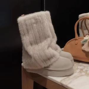 Wholesale Ladies Winter Snow <b>Boots</b> Custom Logo Ankle Flat Shoes Featuring Furry Platform Moon <b>Knitted</b> Fuzzy Upper Casual Style - Product Image 2