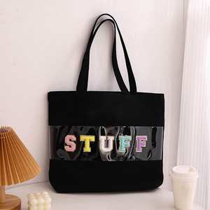 Sac à main en toile de coton personnalisé avec lettres brodées, sac fourre-tout en toile PVC transparente - Product Image 4