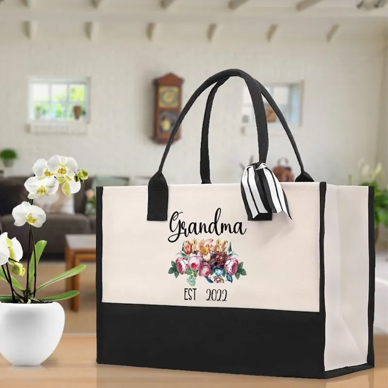 Premium Quality Personalized Gift Classic Black and White Initial Canvas Beach Tote Bags Canvas Tote Shoulder Bags For Women