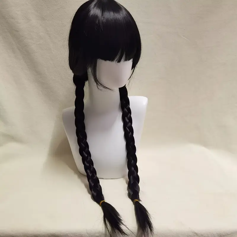 Movie Wednesday Addams Cosplay Women Long Hair Wig with Bangs High Temperature Resistant Synthet Braided Wig Halloween Accessory