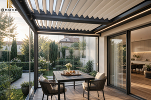 Pérgola Inteligente de Aluminio RKove 4x4m, Montada en Pared, Terraza de Lujo para Desayunos con Paneles de Vidrio, Luz LED Cálida para Casa, Jardín, Villa - Product Image 5