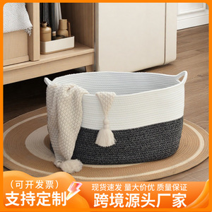 Woven <b>Storage</b> <b>Basket</b> <b>Large</b> Cotton Rope Rectangle White Black Household Laundry Toy Organizer Bedroom Clothes <b>Storage</b> <b>Basket</b> - Product Image 4