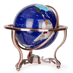 Vintage 6 inch Blue Ocean Mini Tabletop Floor Desk Traditional World Map Gemstone Decoration World Globe with Precious Stone