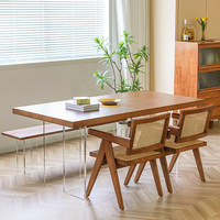 Table de restaurant flottante moderne, plateau en placage de bois de cerisier, pieds en acrylique transparent, design minimaliste nordique, usage commercial et domestique
