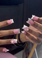 Faux ongles à presser papillon rose pailleté, couvrance totale, en acrylique, forme ovale moyenne, avec colle et lime