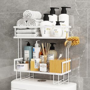 Étagère murale autocollante à chaud <span class=keywords><strong>pour</strong></span> salle de bain, à placer au-dessus des toilettes, étagère à 2 niveaux, gain de place, étagères de salle de bain avec crochets - Product Image 1