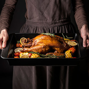 Plato de pollo asado grande negro con aspecto de hierro fundido, juego de sartenes para horno, bandeja de cerámica para hornear, utensilios de cocina para hornear - Product Image 6
