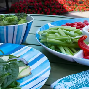 <span class=keywords><strong>Assiette</strong></span> à dessert ronde en mélamine rayée bleu ciel de 8 pouces, plateau à fruits léger en mélamine pour kits de table nautiques - Product Image 5