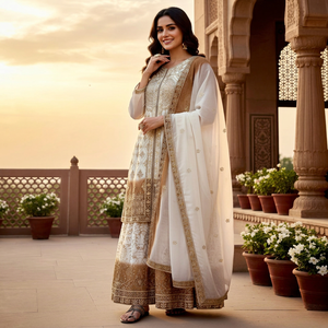 Conjunto de Traje Sharara de Georgette Blanco Marfil al por Mayor con Ombré Marrón Camel y Dupatta Daman Bordada Pesada - Prayosha Enterprise - Product Image 1