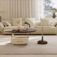 Mesa de Centro Redonda de Acrílico con Cajón, Estilo Moderno y Minimalista, Tapa de Madera Maciza, Cajón de Madera Ecológica E1, Color Blanco Crema, para Sala de Estar