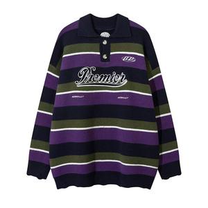 2025 nouvelle version hommes simple boutonnage cachemire couleur bloc rayé sweat avec col rabattu lettre Style de mode - Product Image 3