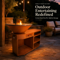 Brasero commercial en acier Corten avec rangement pour bois, idéal pour terrasses, jardins, aménagements paysagers, restaurants et projets hôteliers (chauffage)