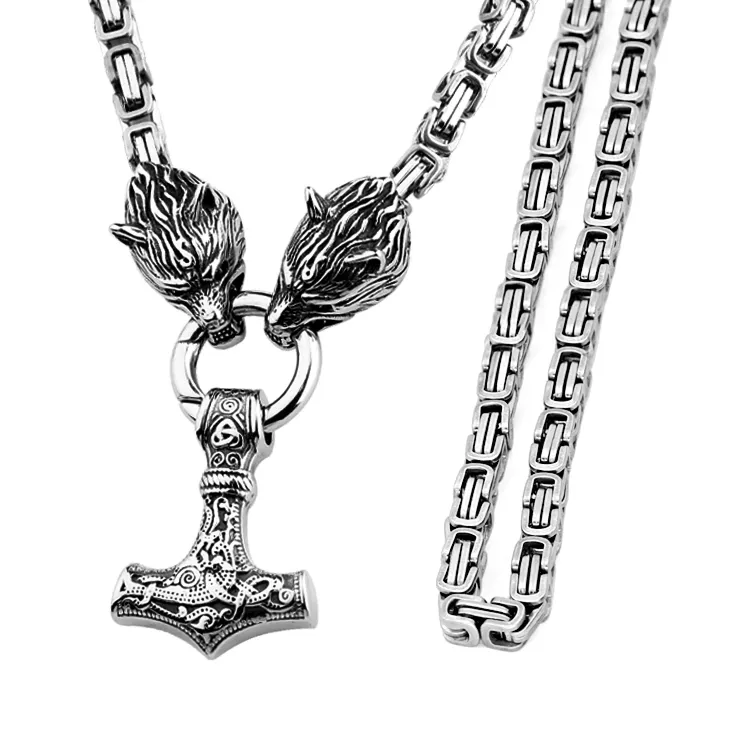 Collier Mjolnir pour hommes, bijou Vintage, en acier inoxydable, inspiré de la mythologie antique, pendentif marteau de Thor, tête de loup, amulette Viking