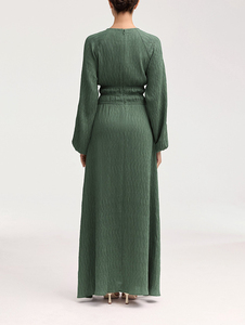 ชุดเดรสยาวเอวสูงของผู้หญิงมุสลิมสไตล์เรียบง่ายชุดเดรสแขนโคมไฟชุดยาวผ้าชีฟองลายนูนเอวธรรมชาติแฟชั่นเรียบง่าย - Product Image 3