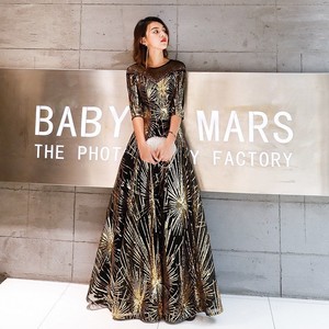 Evening Gown Women's Ball Gown Empire Waist O-Neck Gold Sequins Satin Long Dress For Events Performances - Product Image 1