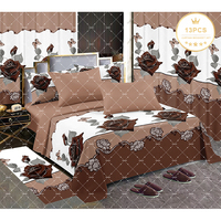 Collection de Draps de Luxe en Gros, 13 Pièces, Taille King Size, avec Tapis, Chaussons et Rideaux Imprimés, Ensemble de Literie