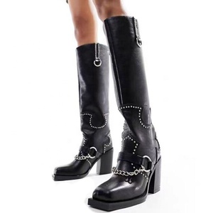Chunky Heels Knight Shoes Women Square Toe Cowboy Knee High <b>Boots</b> Rivets Metal Chain Long Booties Custom Style - Product Image 2