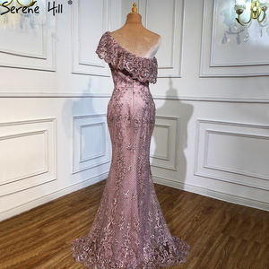 Ultimo Modello 2020 Abito da Sera Elegante Rosa Monospalla con Pizzo, Perle e Paillettes, Vestito da Cerimonia a Sirena Wasisi LA70386 - Product Image 3