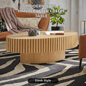 Mesa de Centro Ovalada de Madera Hecha a Mano Moderna con Pedestal Resistente para Sala de Estar - Product Image 2
