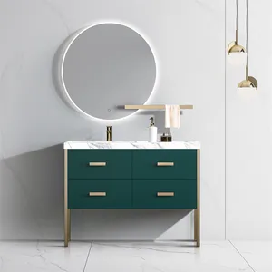 Luxury Golden Legs Modern Design Green Painted Bath Cabinet Floor Mounted Single Basin Bathroom Cabinet
