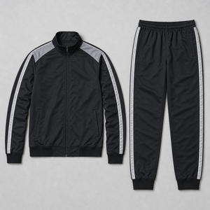 Conjunto Deportivo Personalizado de Alta Calidad para Hombre, Chaqueta Deportiva con Cuello Alto de Nailon Negro y Pantalones Deportivos con Rayas Grises - Product Image 3
