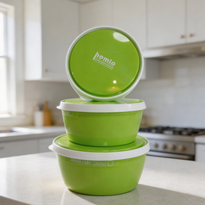 Round Food <b>Container</b> Set 3Pcs Red Plastic Airtight With Clip On Lid <b>For</b> <b>Kitchen</b> <b>Storage</b> - Product Image 2