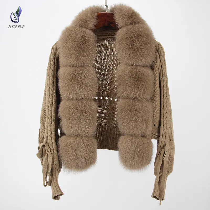 Sıcak satış lüks moda tasarım kadın kazak yumuşak sıcak örme kazak gerçek tilki kürk yaka ile düzeltir