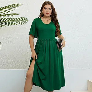 Hanni Plus Size Scoop Neck Butterfly Sleeve Solid A-Line Dress Women Streetwear Casual Summer High Waist Split Long Dresses