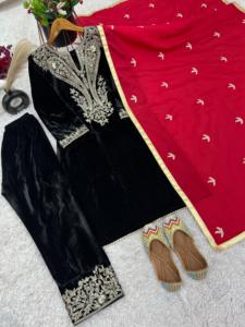 Tissu en velours avec broderie lourde Séquence de travail Manches longues Party Wear Look Top Dupatta et robe prête à l'emploi entièrement cousue - Product Image 3