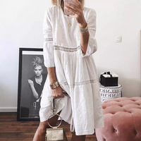 Robe midi ample décontractée pour femme avec broderie anglaise et dentelle, manches 3/4, style bohème, tenue de vacances d'été 2026