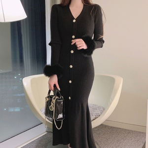 Boutique 2025 autunno francese temperamento scollo a V sottile <span class=keywords><strong>abito</strong></span> a maniche lunghe lavorato a <span class=keywords><strong>maglia</strong></span> a coda di pesce - Product Image 5