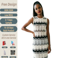 Robe longue tricotée pour femme, motif chevron noir et blanc, sans manches, à rayures ondulées, col rond, dégradé, en maille pointelle