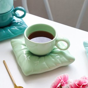 Creative <b>Ceramic</b> Coffee Cup with Pillow Design Saucer Macaron Color Nordic <b>Ceramic</b> <b>Mug</b> - Product Image 3