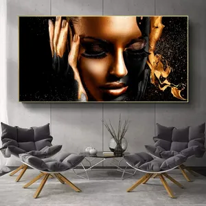 Pintura al óleo sobre lienzo de mujer africana, carteles e impresiones de pared escandinava para sala de estar, color negro y dorado