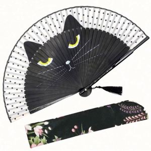Cartoon Cat Handheld Folding Silk Bamboo Fan for Women <b>Small</b> Japanese Style for Party Favour or Wedding Decorations - Product Image 1