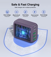 Chargeur mural multifonctionnel pour téléphone portable HNT GaN 60W violet certifié FCC PSE US/JP, 5 ports USB-C, charge très rapide