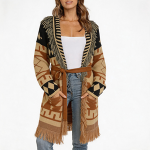 Cardigan en tricot <span class=keywords><strong>mi</strong></span>-<span class=keywords><strong>long</strong></span> de haute qualité, style tribal Navajo occidental, à motifs géométriques, avec bordure à franges et ceinture, en tricot lisse, style Duster - Product Image 1